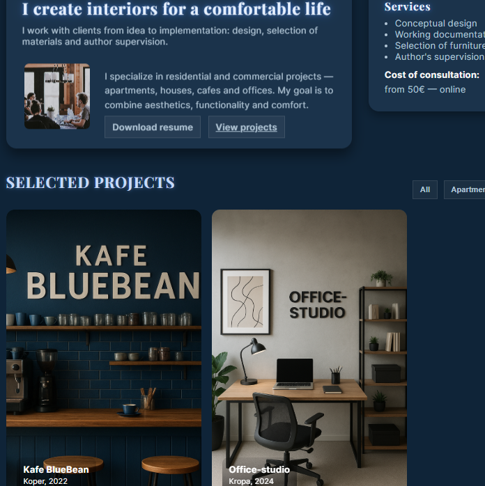 landing page for interior designer created by Mila Tsiarskikh